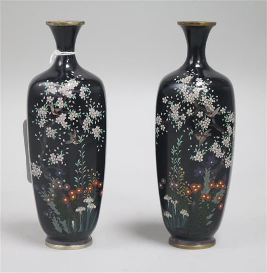 A pair of Japanese silver wire cloisonne enamel hexagonal vases, Meiji period, height 15.5cm